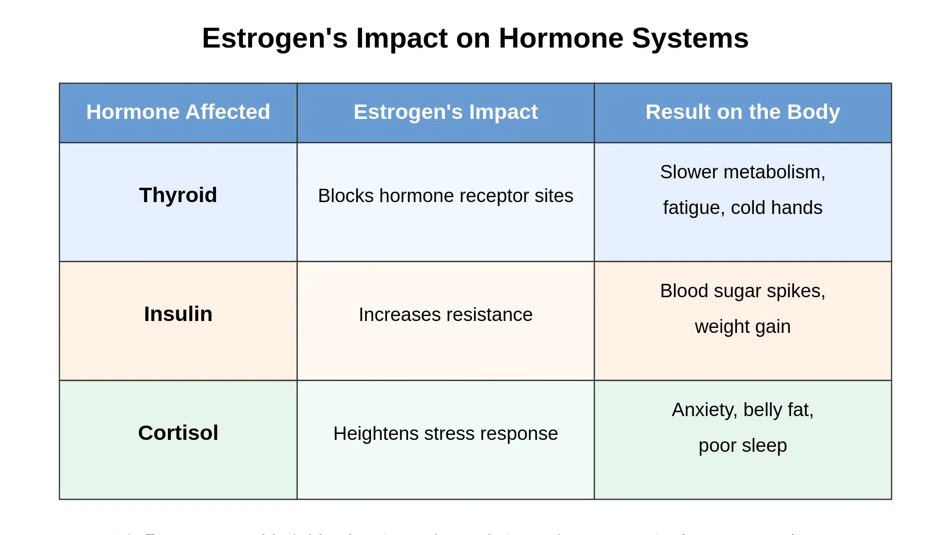 Table titled 'Estrogen's Impact on Hormone Systems' showing how high estrogen affects thyroid (blocks receptors → slower metabolism, fatigue), insulin (increases resistance → blood sugar spikes, weight gain), and cortisol (heightens stress response → anxiety, belly fat, poor sleep).