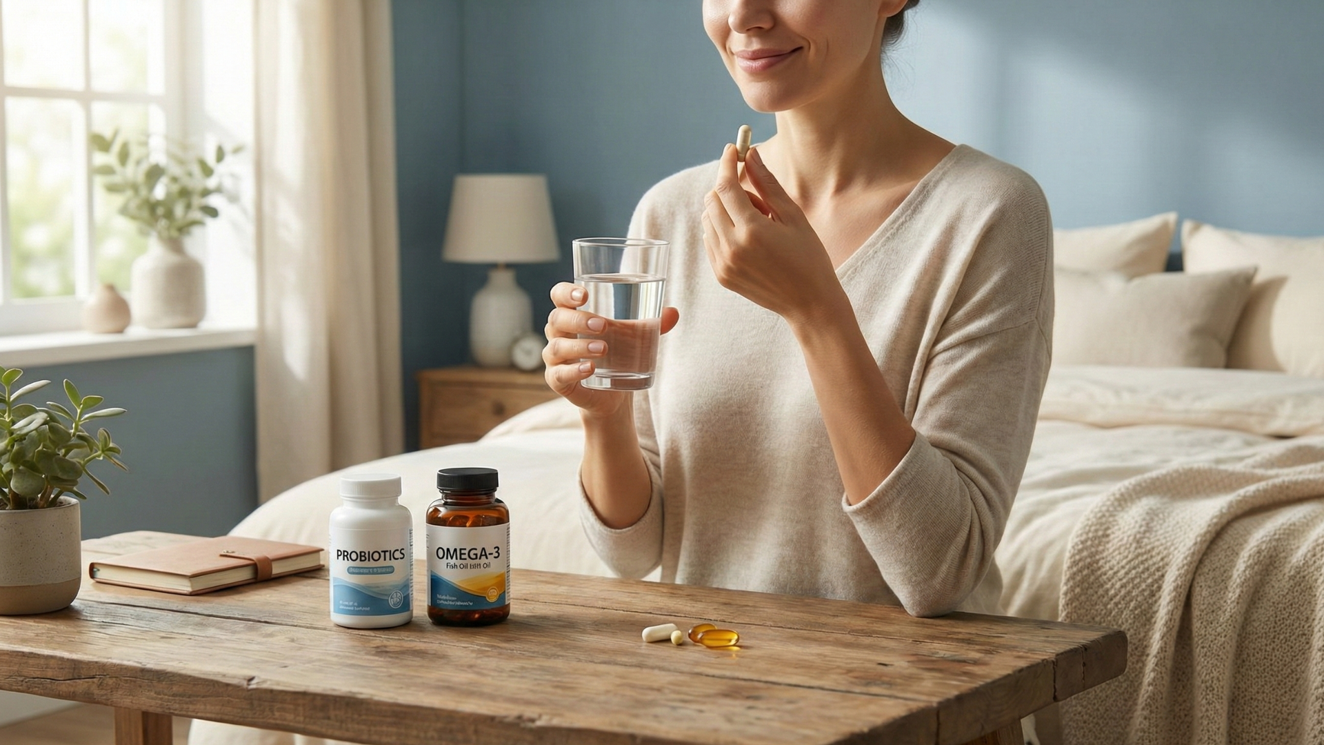 Woman taking probiotics and omega-3s during morning routine for sleep and gut health.