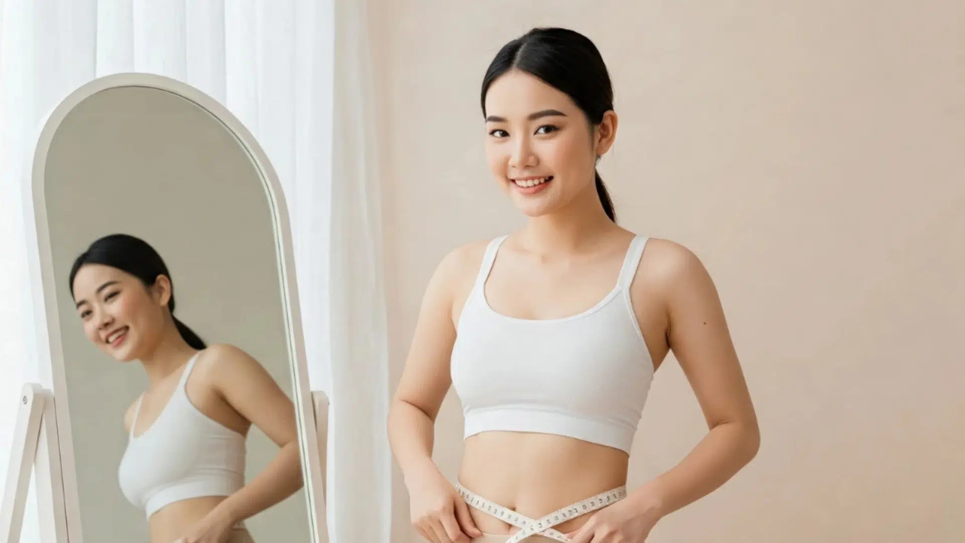 Woman celebrating sustainable weight loss results while measuring her waist.