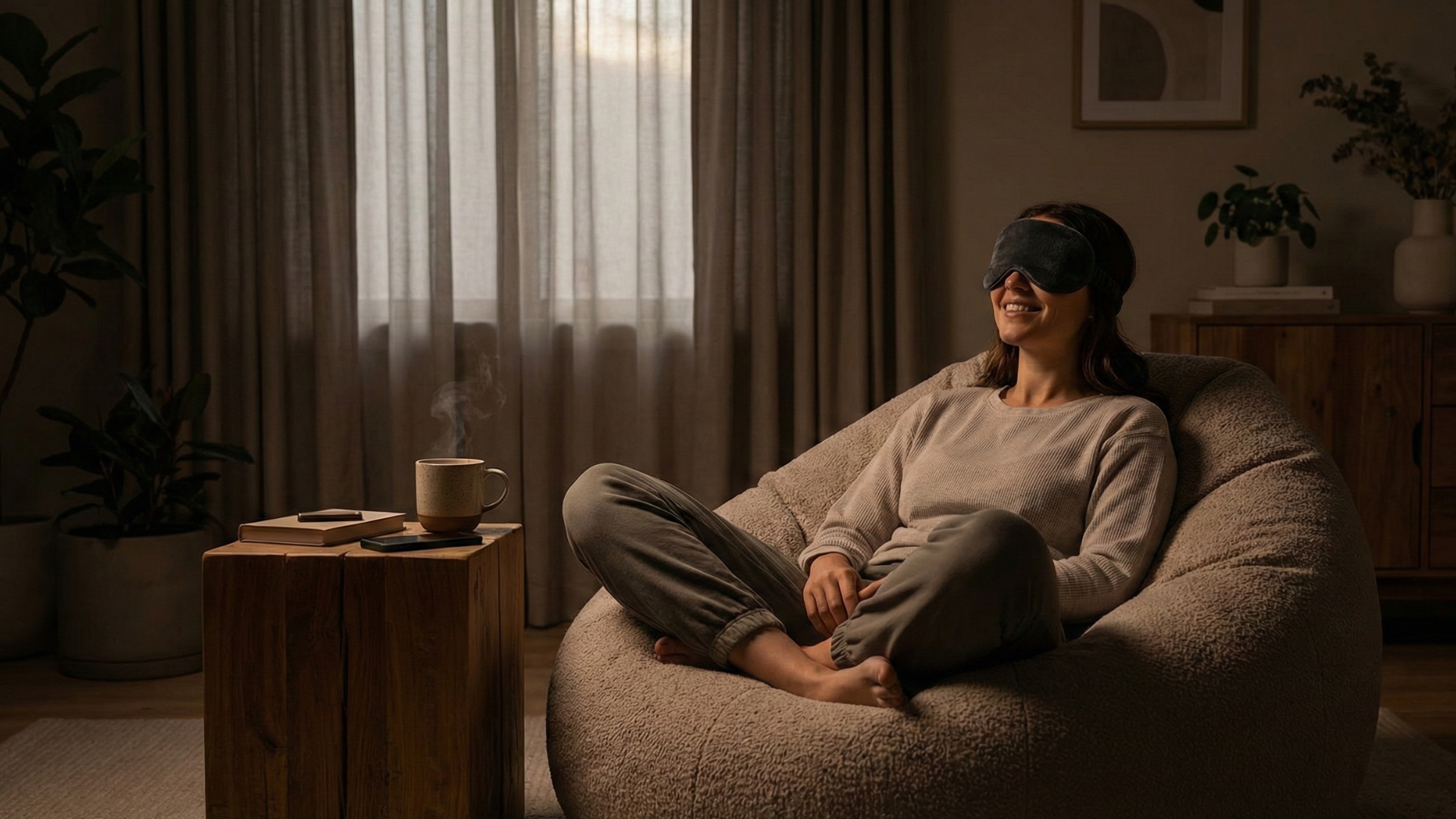 Woman wearing sleep mask rests near a steaming mug for a restorative power nap.